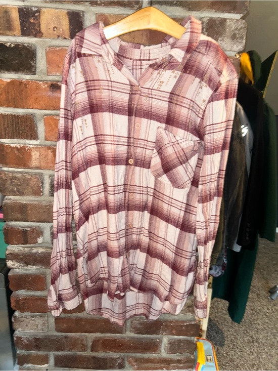 Mudd Jackets & Blazers - Women's Plaid Button-Up Shirt in Light Pink and Maroon